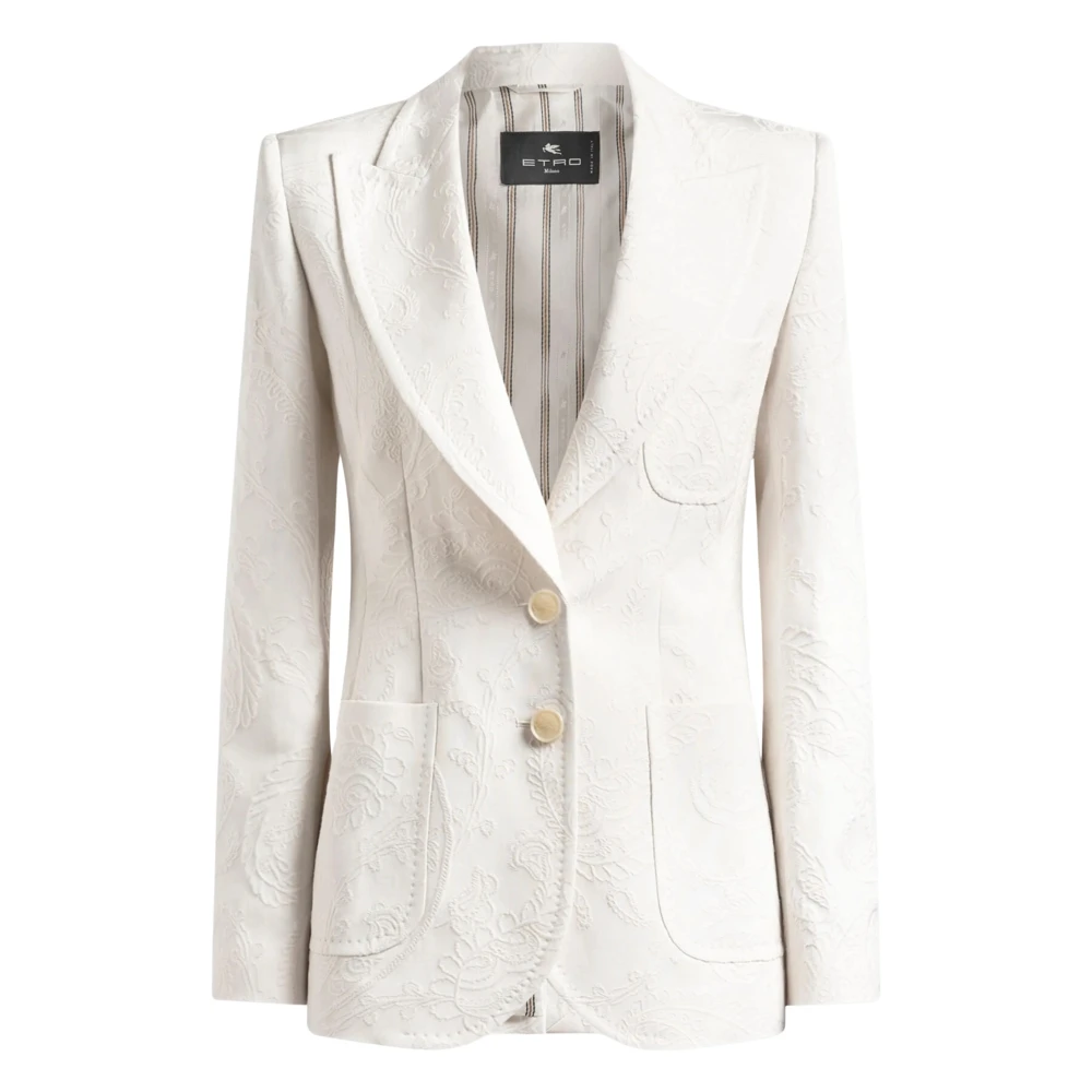 Etro Women's White Single-Breasted Cotton-Blend Jacquard Jacket With Paisley Foliage Motif - Blazers - S - Jackets