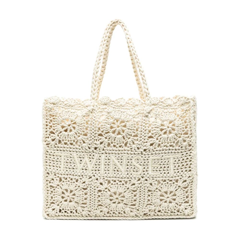Twinset Beige Gevlochten Top Handvat Geborduurde Tas Beige Dames