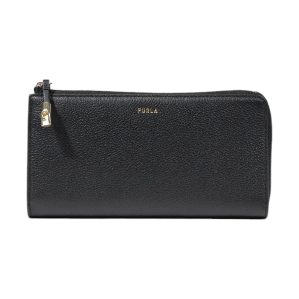 Furla Zwarte leren ritsportemonnee met handtastdetail Black Dames