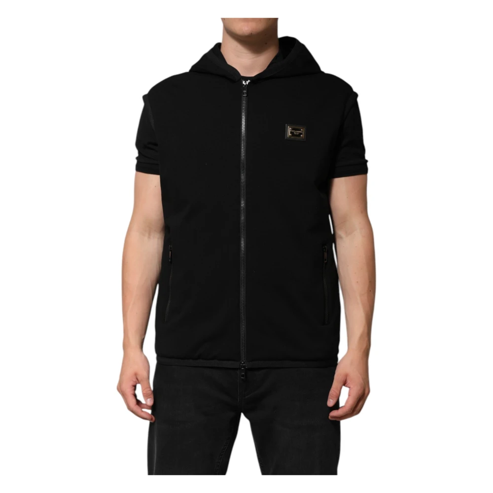 Dolce & Gabbana Black Logo-Plaque Hooded Gilet - Male - Zip-Throughs - 4XL - Sweatshirts & Hoodies