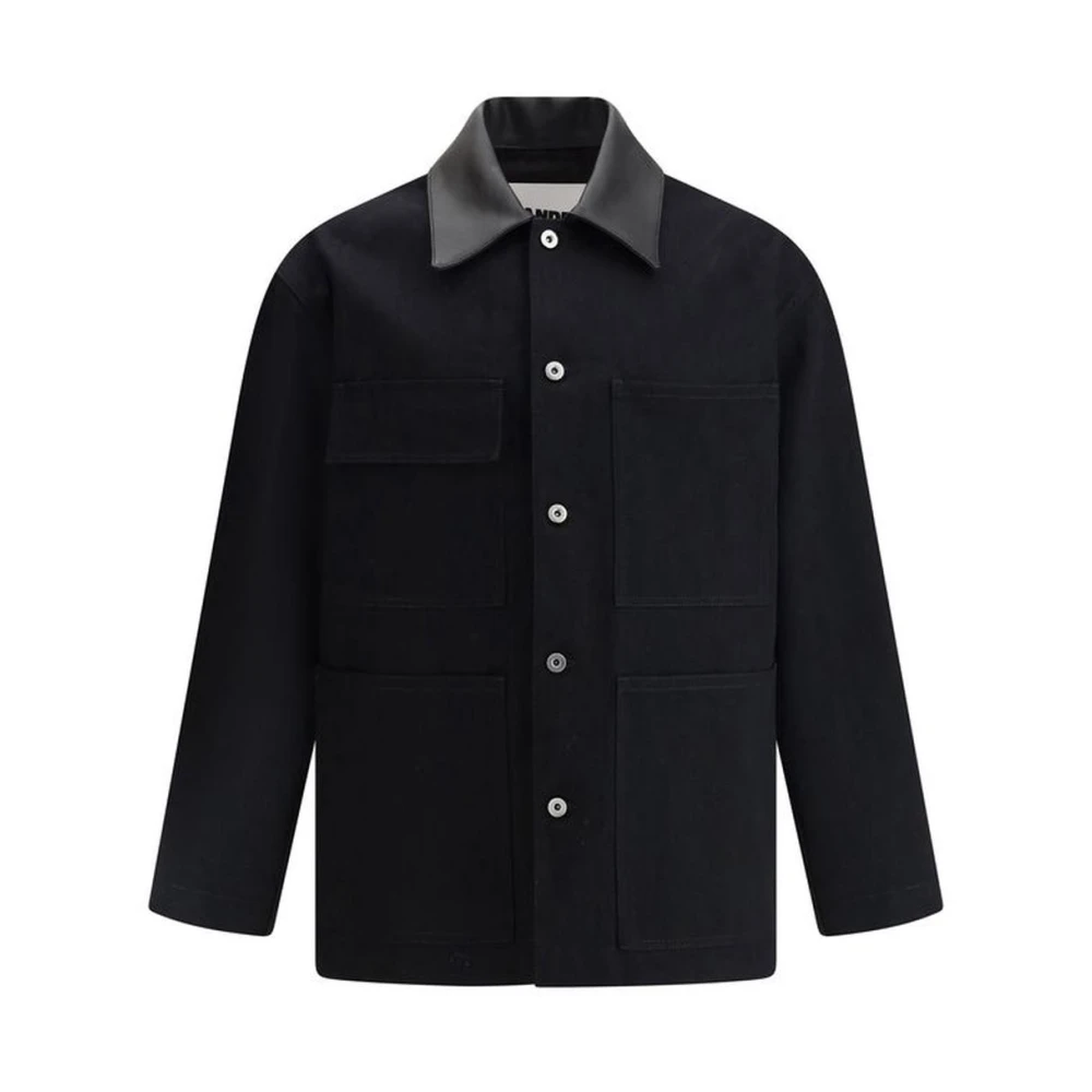 Jil Sander Katoenen Jas met Leren Kraag en Zakken Black Heren