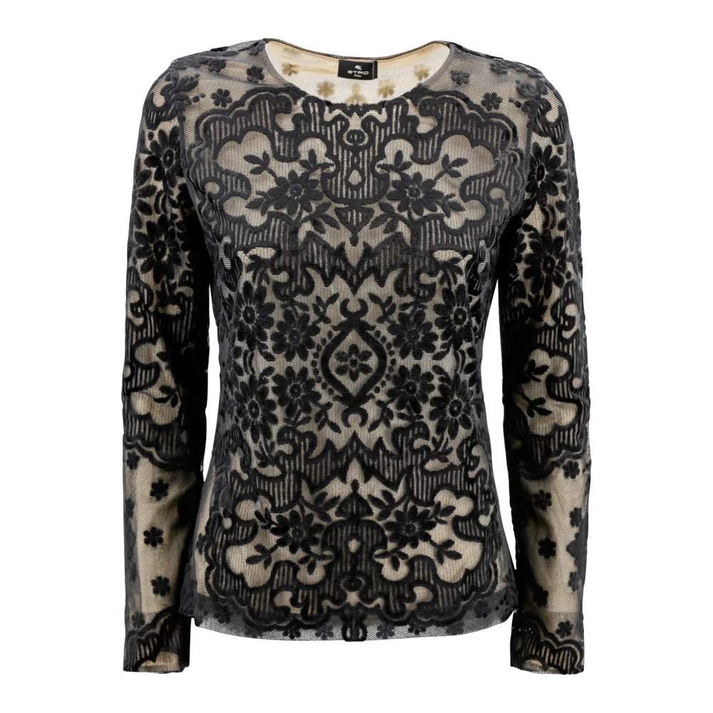 ETRO Velvet Bloemen Jacquard Crew Neck Top Black Dames