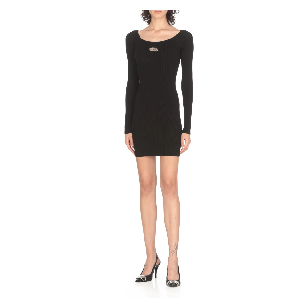 Diesel Zwarte Geribbelde Jurk met Metalen Logo Black Dames