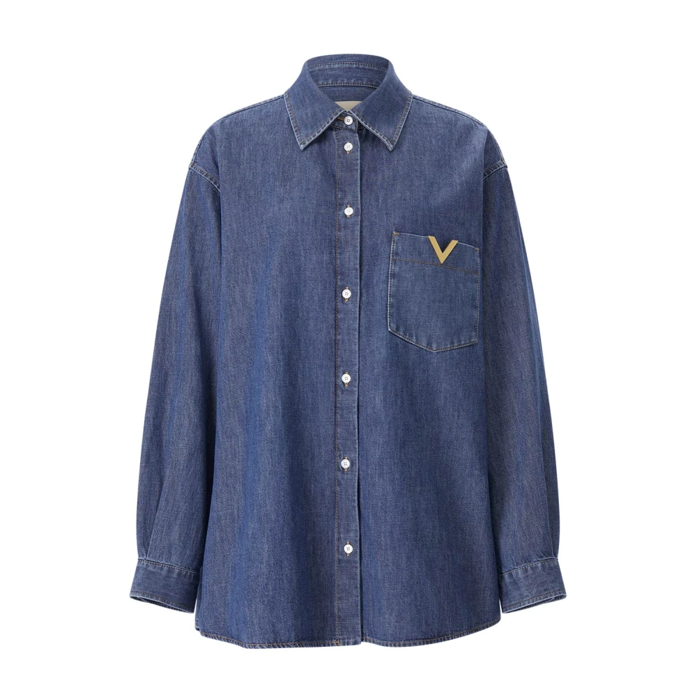 Valentino Vrouw Blauw Overhemden Dames, 2XS, Denim, Denim Blouse Met Metallic V Detail