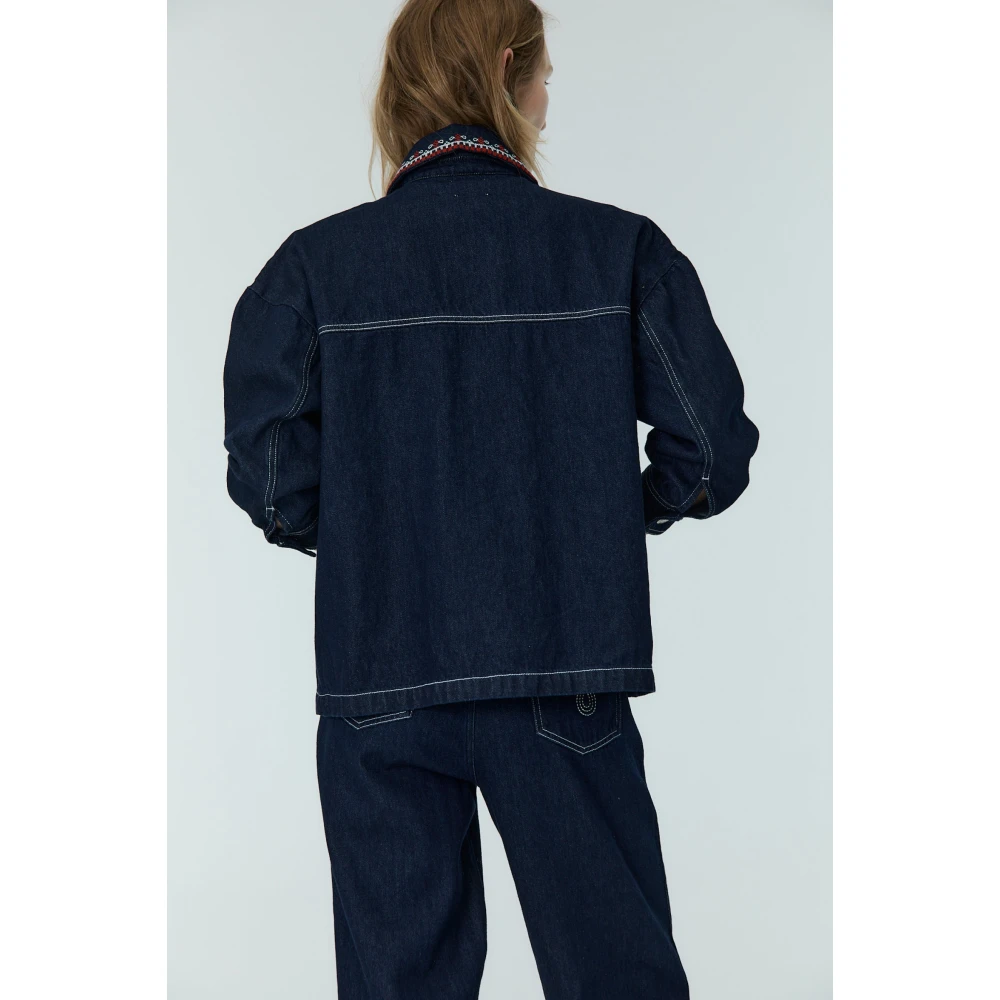 The New Society Denim Overshirt met Borduursel Blue Dames