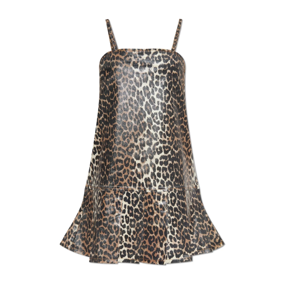 Ganni Women's Beige Short Dresses, S, Print Denim Strap Dress