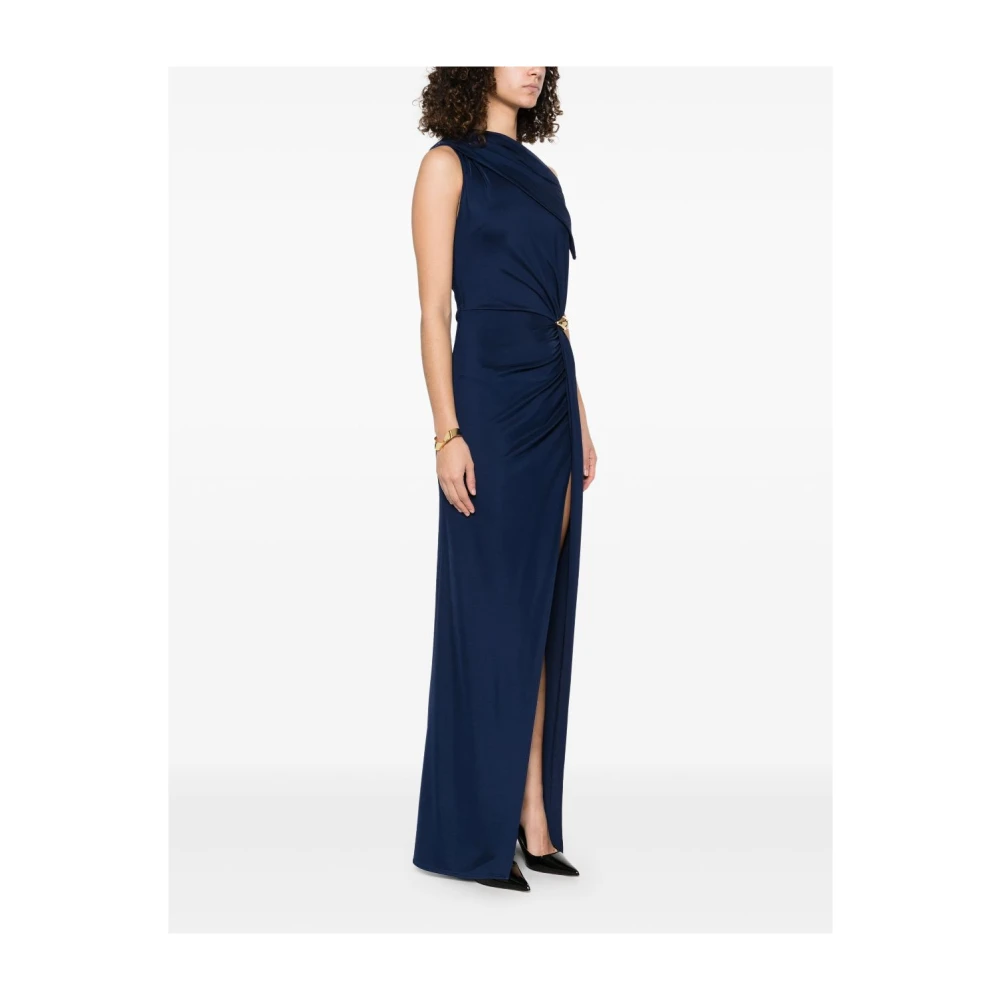 Elisabetta Franchi Navy Blauwe Gedrapeerde Jurk Met Zijsplit Blue Dames