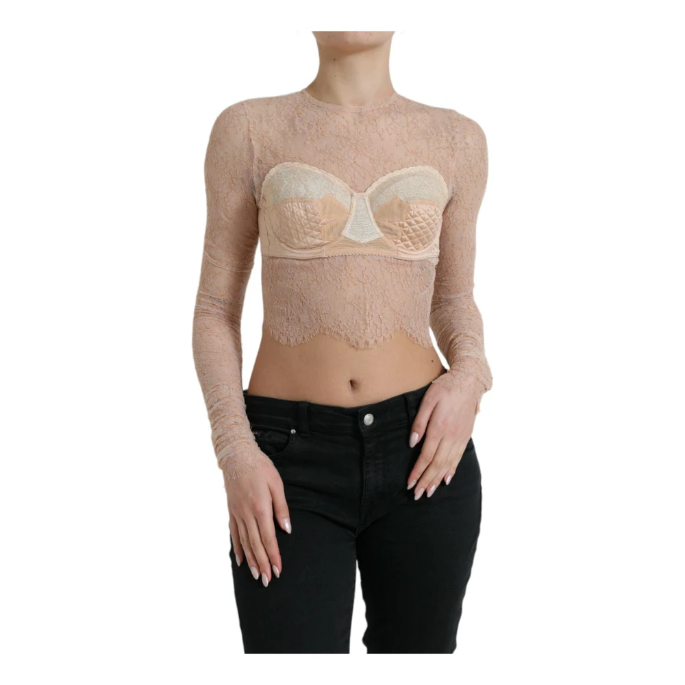 Dolce & Gabbana Women's Beige Long Sleeve T-Shirts, Xs, Nylon Floral Lace Bustier Cropped Top