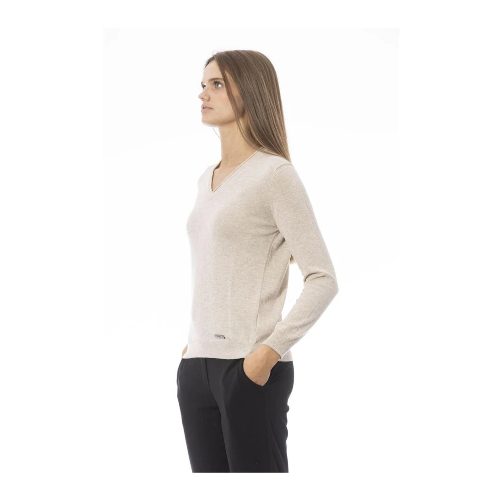 Baldinini V-hals Geribbelde Gebreide Trui Beige Dames