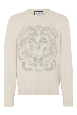 Broderad rundhalsad tröja i merinoull Hexagon Dragon