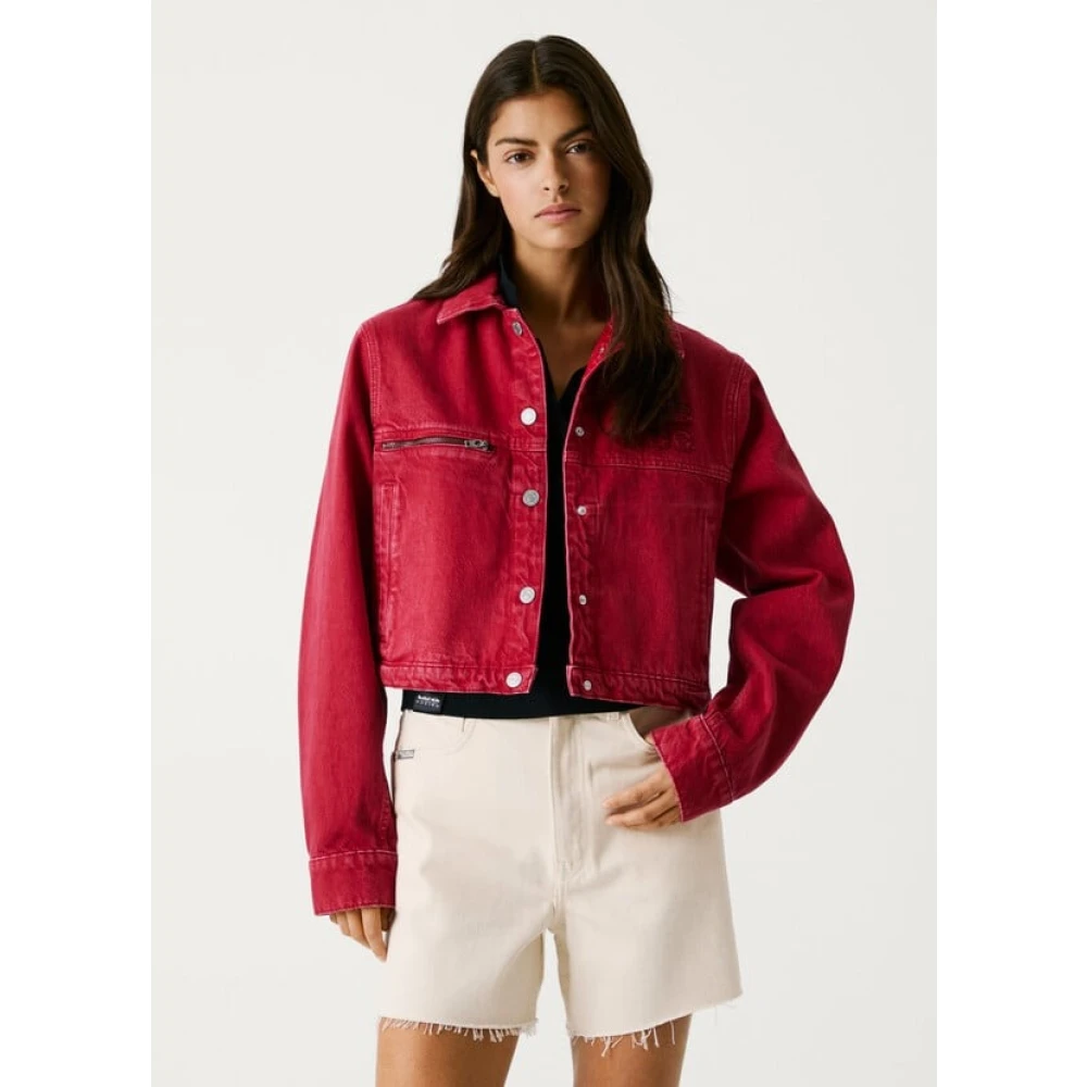 Pepe Jeans Logo Print Denim Jacket Regular Fit Red Dames