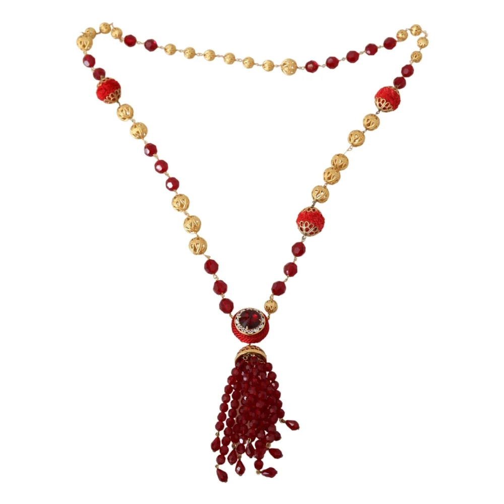Dolce & Gabbana Multicolor Necklaces, Female, One Size, Gold Tone Brass Red Crystals Pendant Opera Chain Necklace