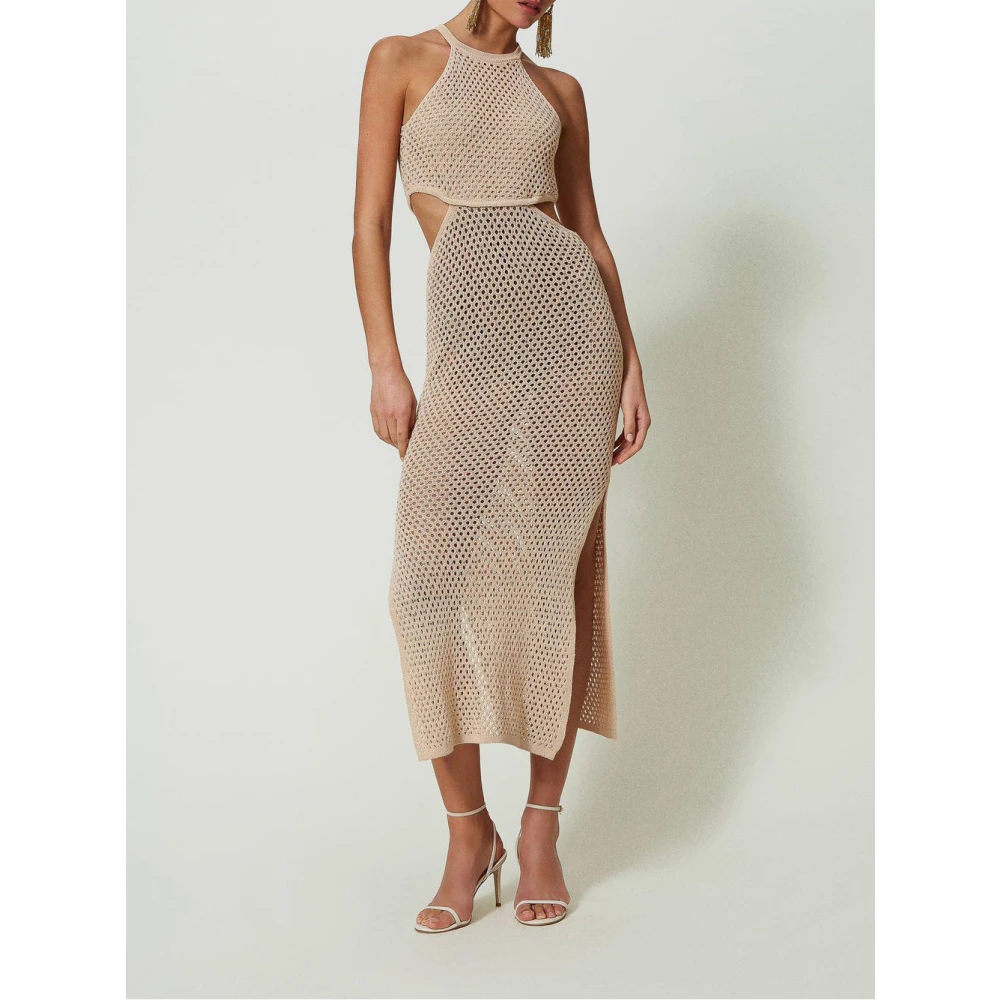 Twinset Mesh Katoen Linnen Jurk Beige Dames