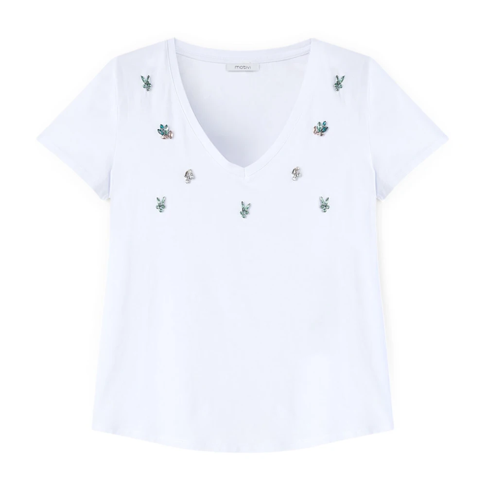Motivi V-hals T-shirt met steenborduursel White Dames