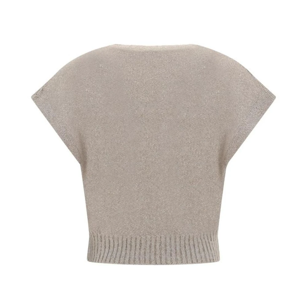 BRUNELLO CUCINELLI Paillet V-Hals Linnen Top Beige Dames