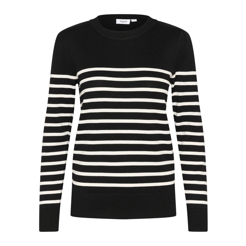 Saint Tropez Randig Pullover Tröja Svart Mila Stripe Black, Dam