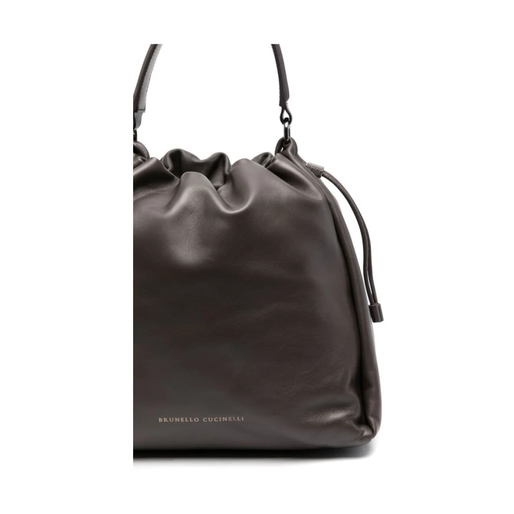 BRUNELLO CUCINELLI Grijze Leren Kettingdetail Trekkoord Tas Gray Dames