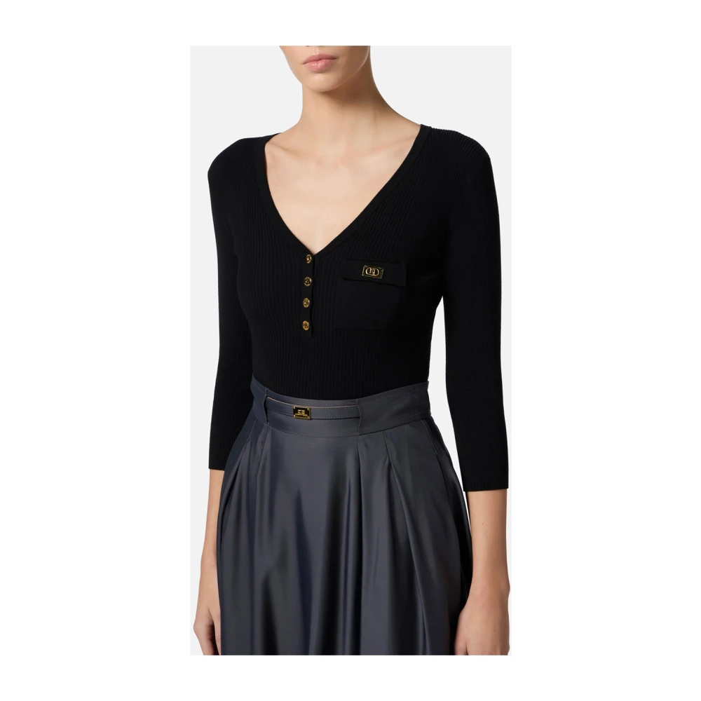 Elisabetta Franchi Zwarte Trui met V-hals en Gouden Details Black Dames
