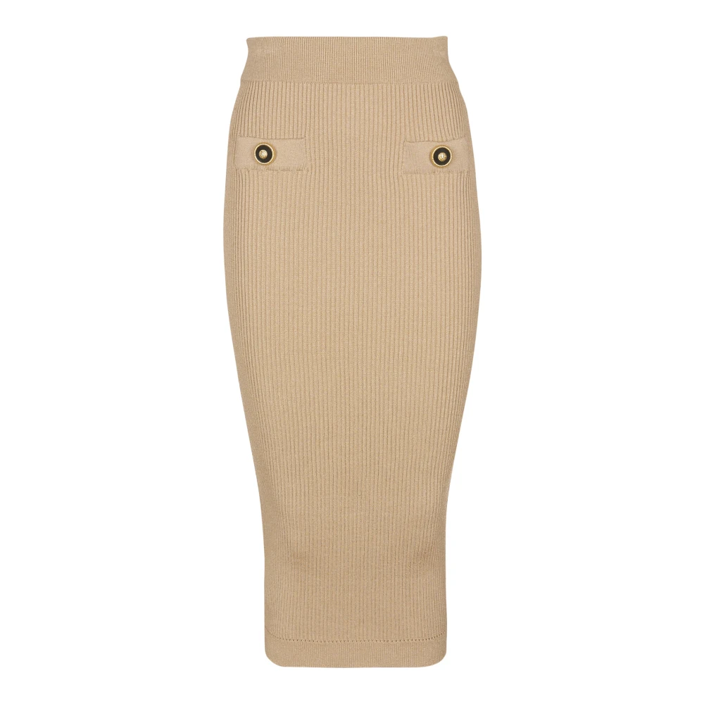 Balmain Beige Midi Skirt In A Plain Ribbed Knit - Female - Pencil Skirts - 2XS - Skirts