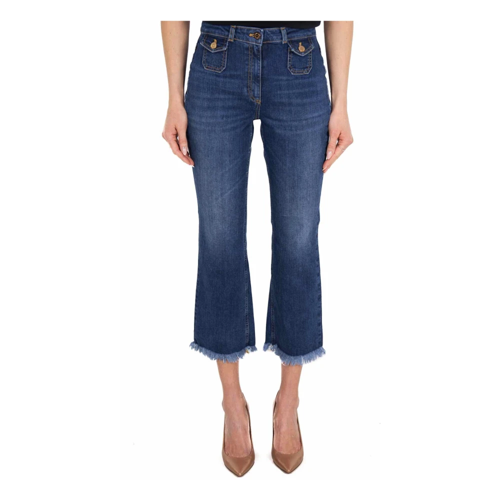Elisabetta Franchi Blauwe Cropped Flare Jeans Met Franje Zoom Blue Dames