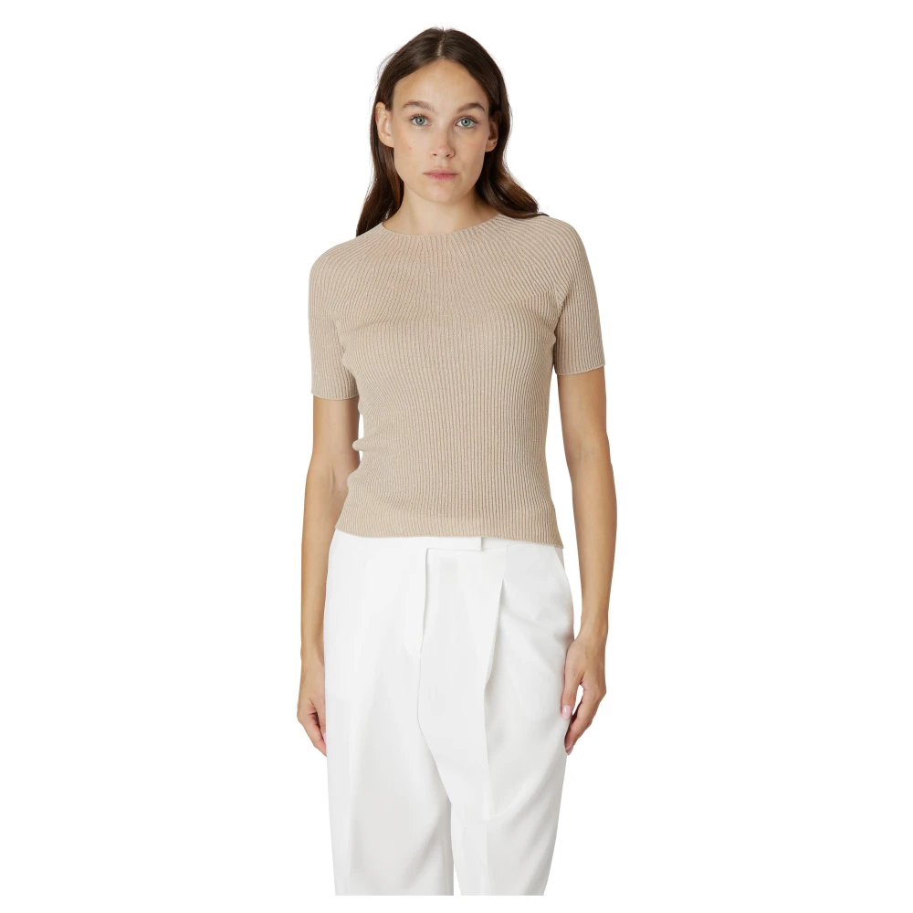 Eleventy Geribbelde ronde hals half mouw shirt Beige Dames