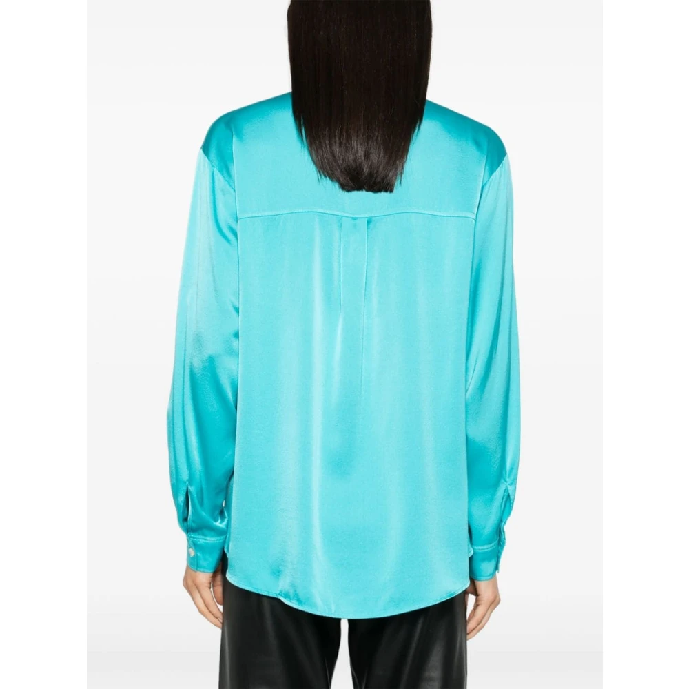 Forte Zijden Satijnen Mandarin Kraag Oversized Shirt Blue Dames
