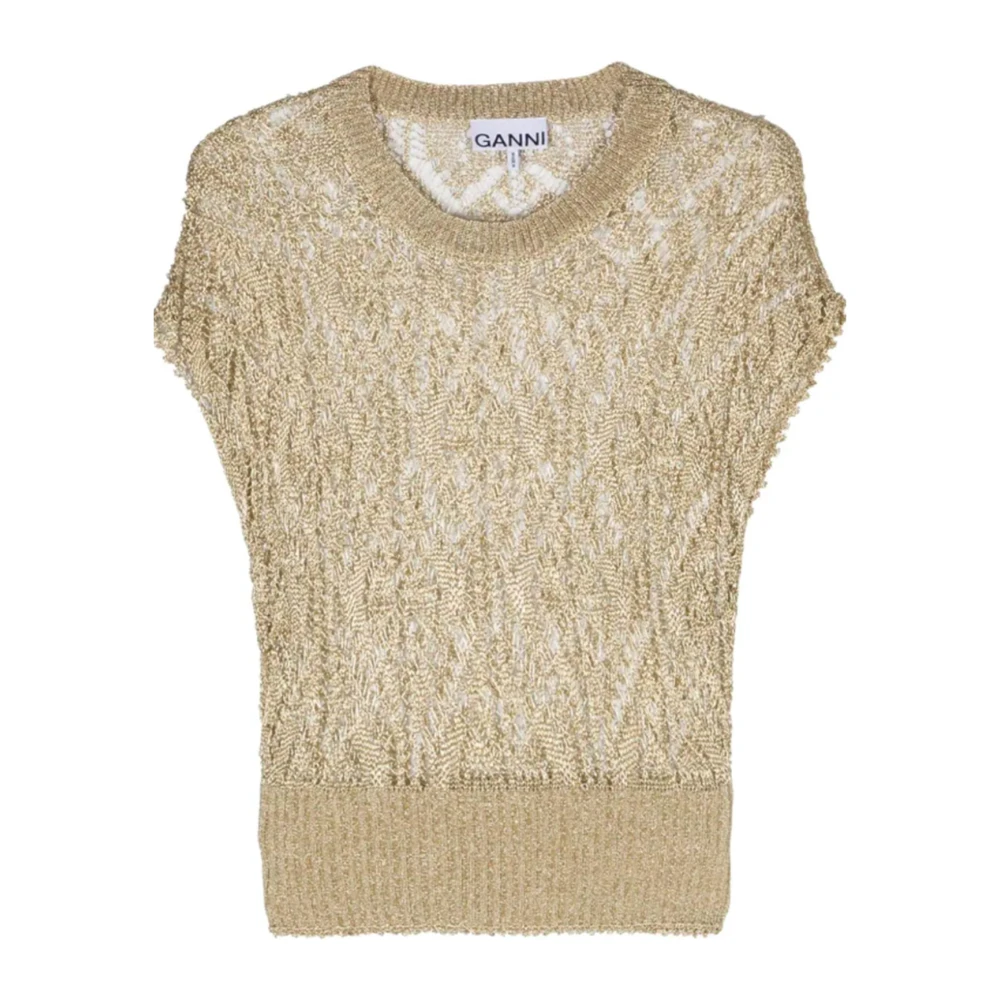 Ganni Metallic Gebreide Top met Ronde Hals Yellow Dames