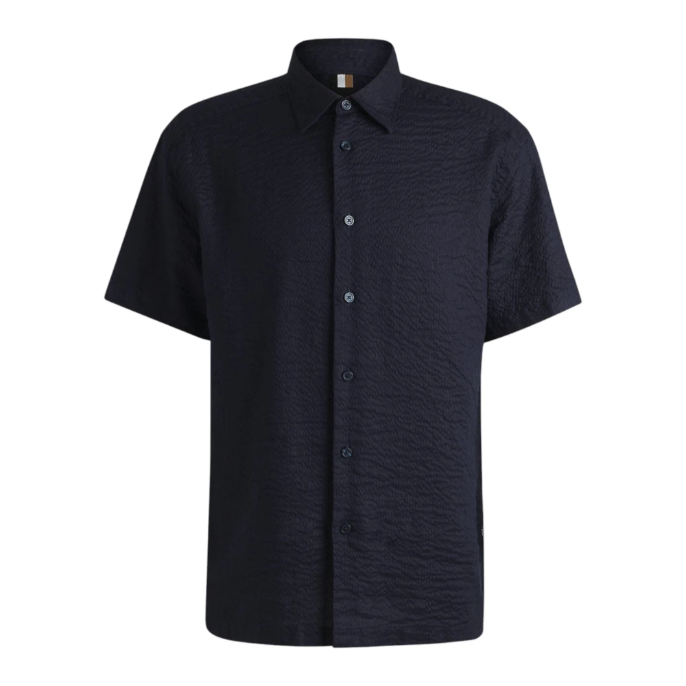 Hugo Blue Short Sleeve Shirts, Male, L, Relaxed Fit Seersucker Shirt Navy