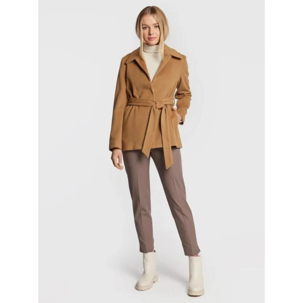 Calvin Klein Wollen Jas met Riem in Reguliere Pasvorm Brown Dames