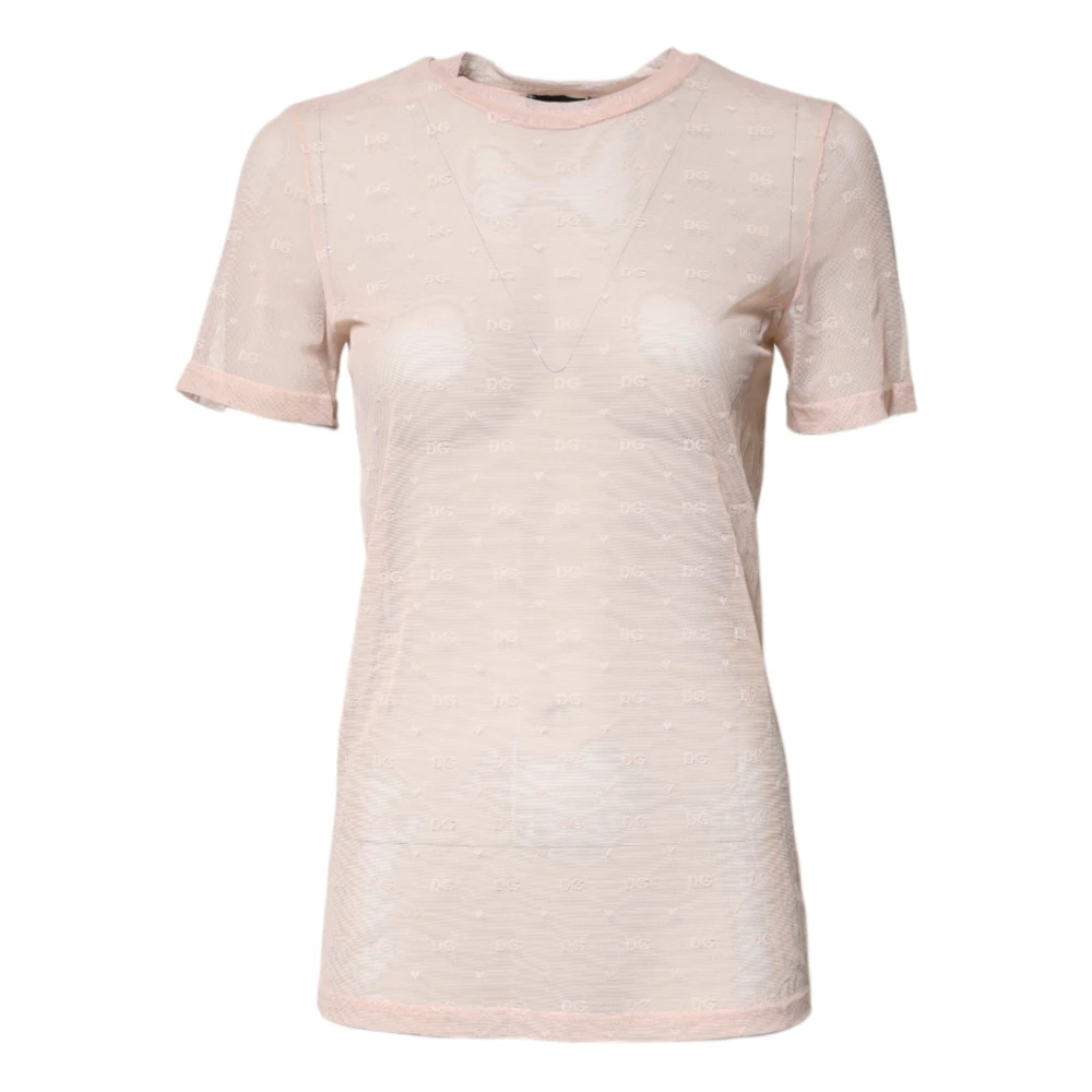 Dolce & Gabbana Women's Beige Sheer Logo Monogram Crew Neck Top Medium