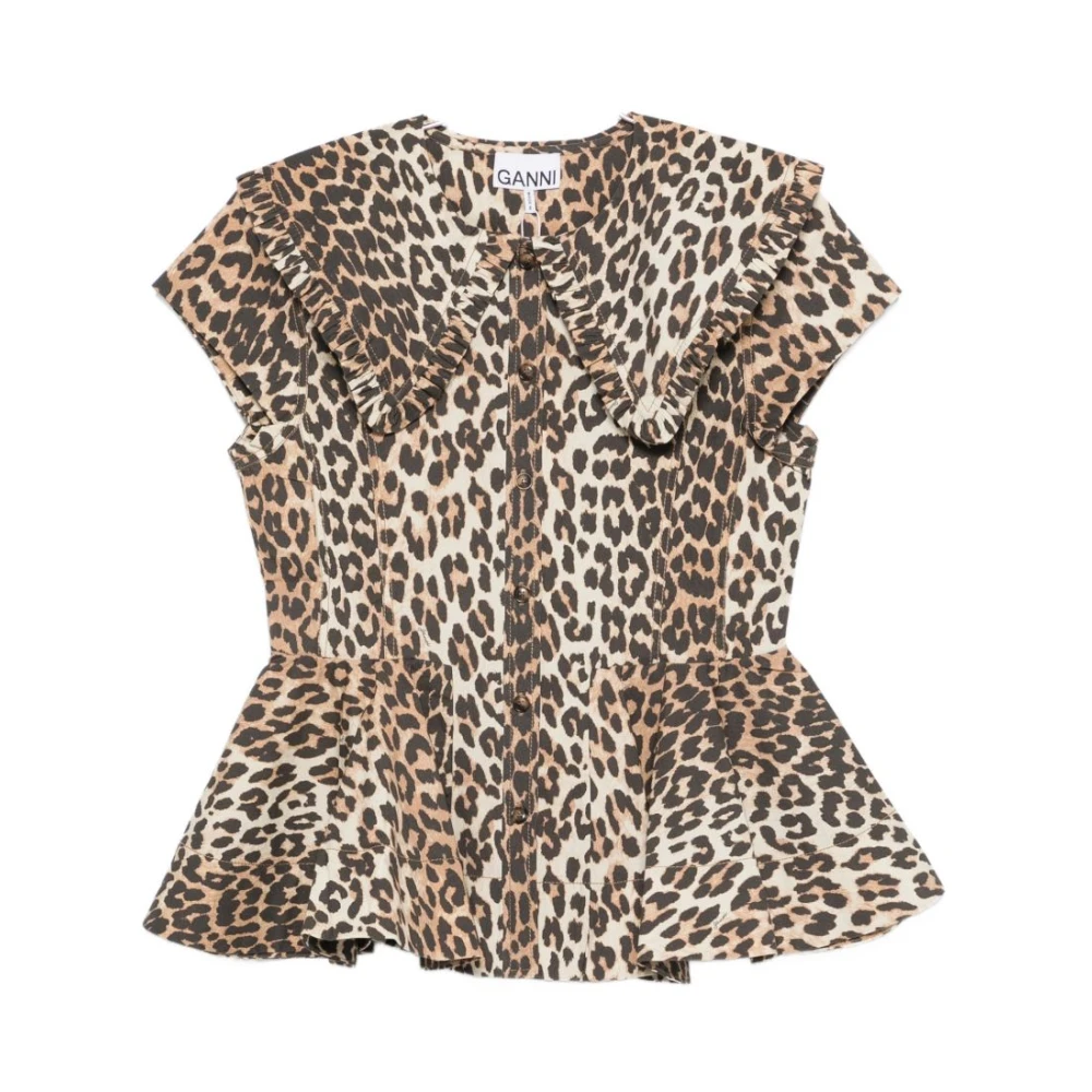 Ganni Women's Brown Blouses, Xs, Ruffle Trim Peplum Blouse