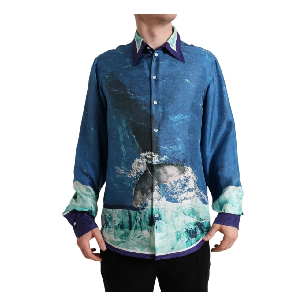 Dolce & Gabbana Blauwe Ocean Print Zijden Button Down Shirt Multicolor Heren