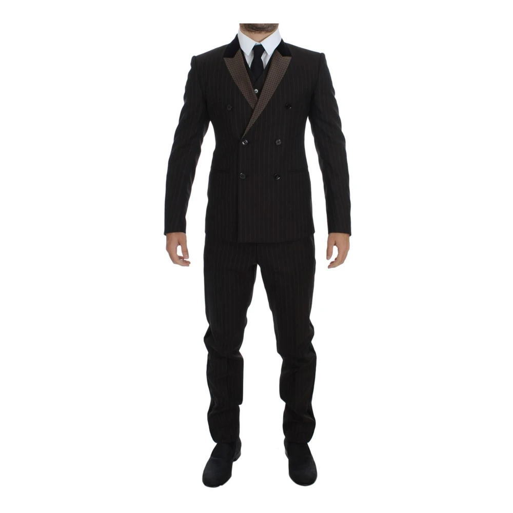 Dolce & Gabbana Brun Randig Dubbelknäppt Tuxedo Kostym Brown, Herr