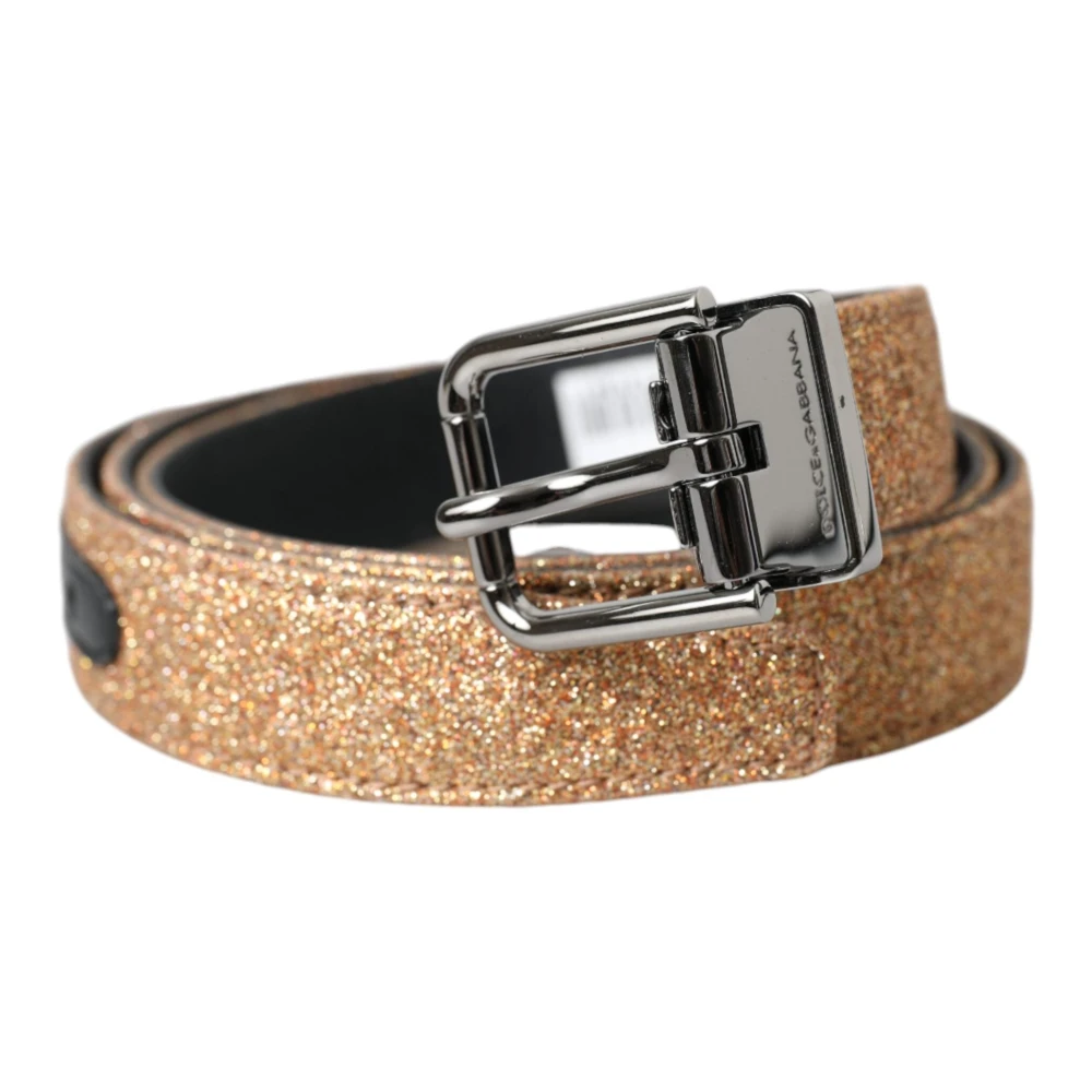 Dolce & Gabbana Men's Yellow Belts, One Size, Gold Glitter Leather Silver Metal Buckle Belt