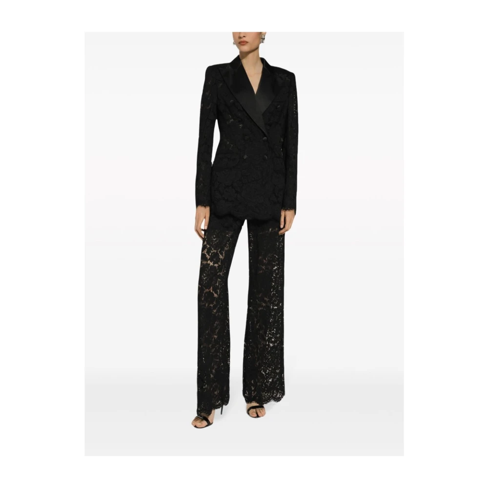 Dolce & Gabbana Zwart Bloemenkant Dubbelrijige Jas Black Dames