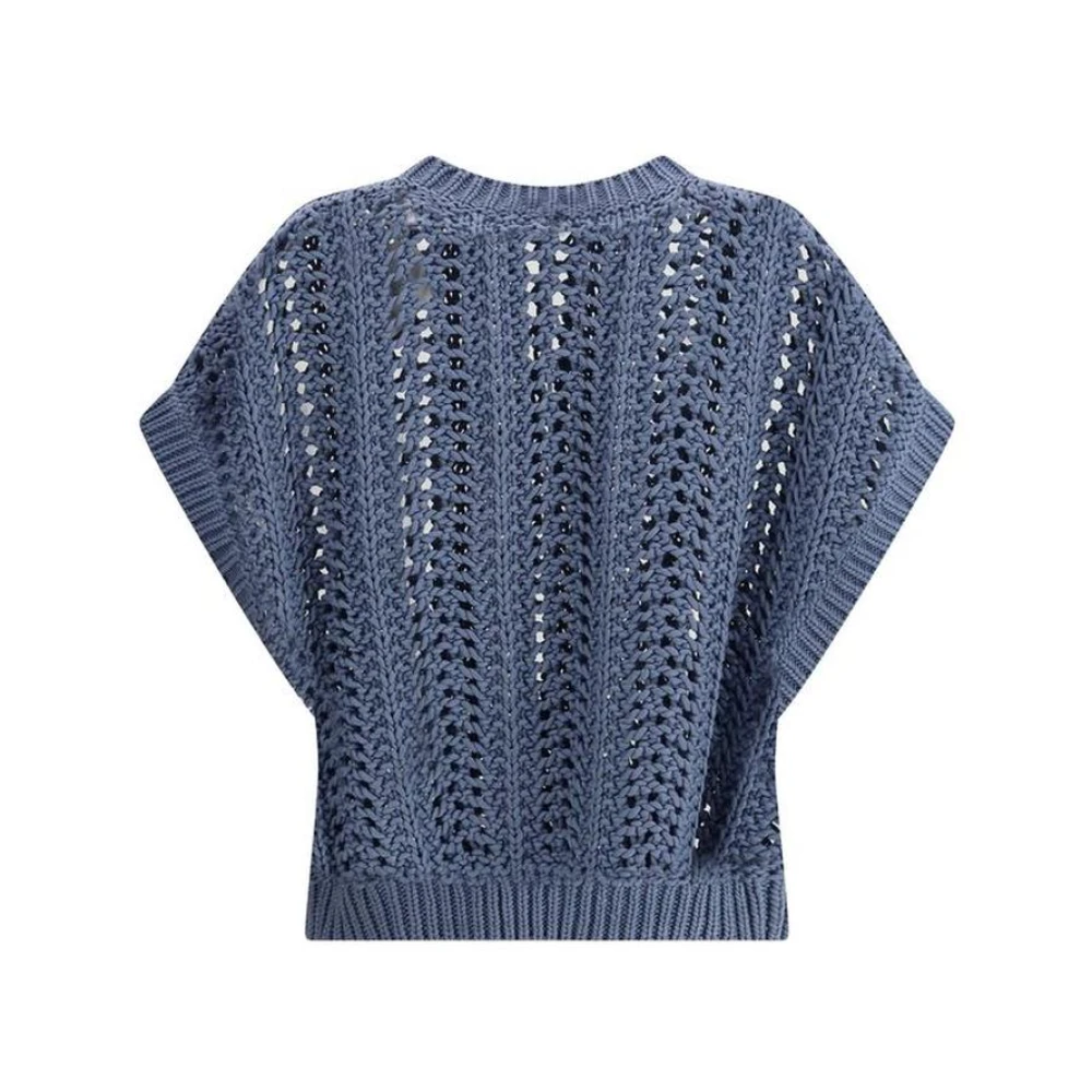 BRUNELLO CUCINELLI Geperforeerde Kantgebreide Vest Blue Dames