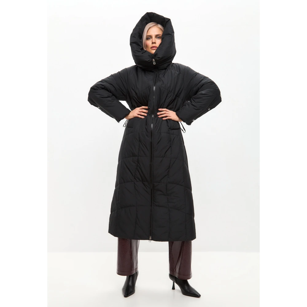 Cesare Gaspari Oversized gewatteerde jas met capuchon en nepbont manchetten Black Dames