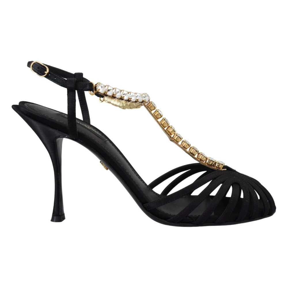 Dolce & Gabbana Women's Black Satin Clear Crystal T-Strap Sandal Shoes