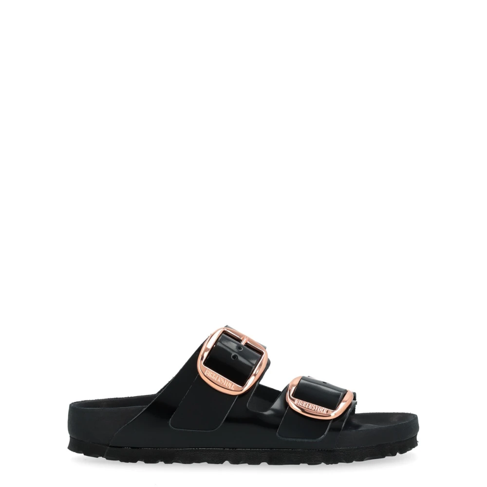 Birkenstock Women's Black Sliders, 5 Uk, Arizona Big Buckle Natural Leather Patent Sandals Narrow