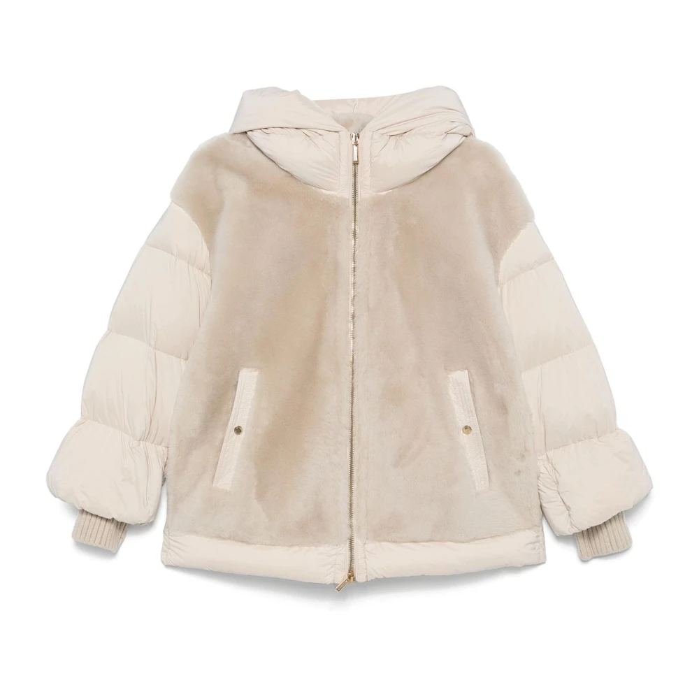 Moorer Faux Fur Hooded Puffer Jacket Beige Dames