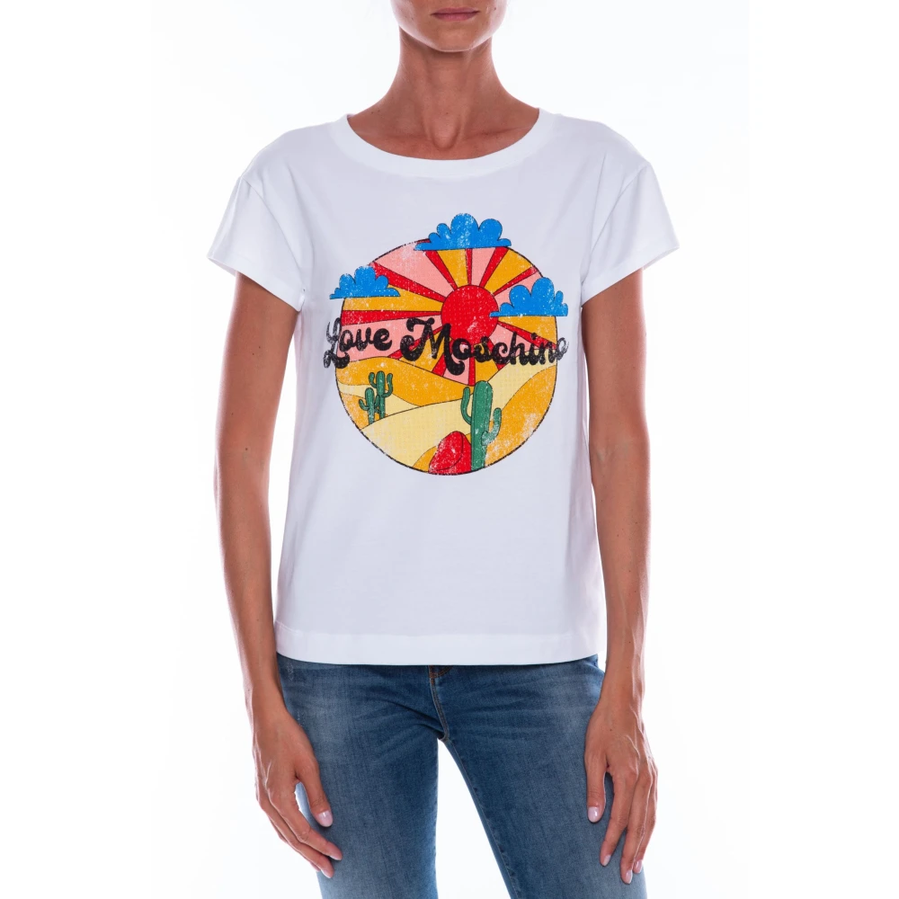 Love Moschino Bomull T-shirt med Grafiskt Tryck och Präglade Applikationer White, Dam
