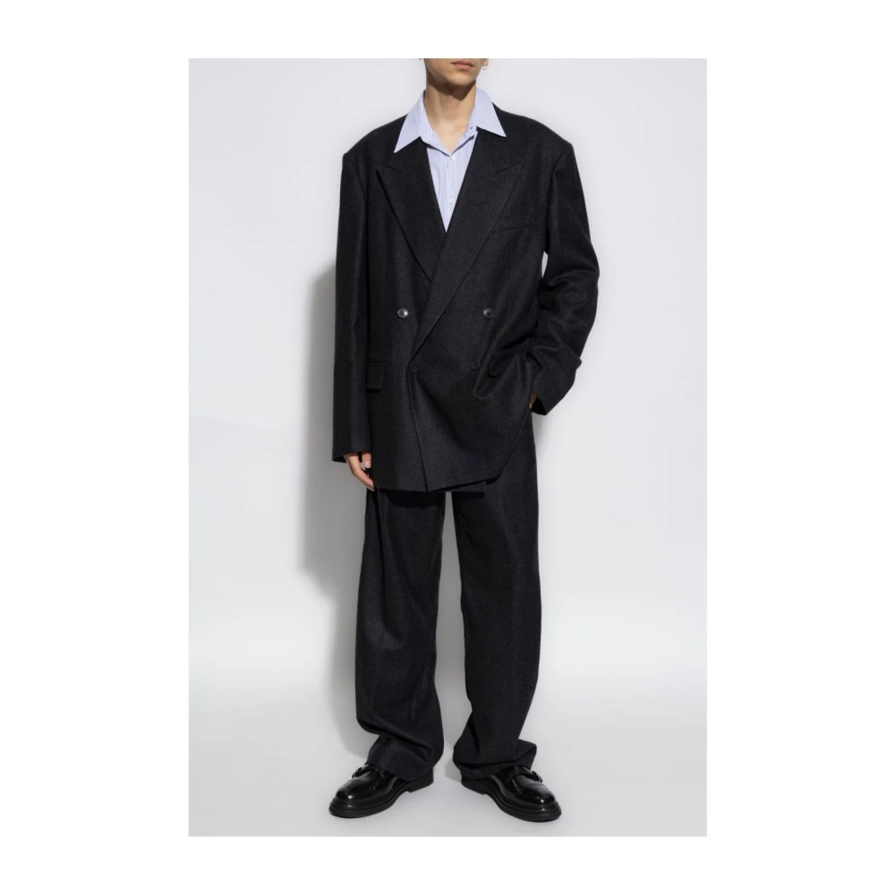 Dries Van Noten Peak Lapel Wollen Flanel Blazer Gray Heren