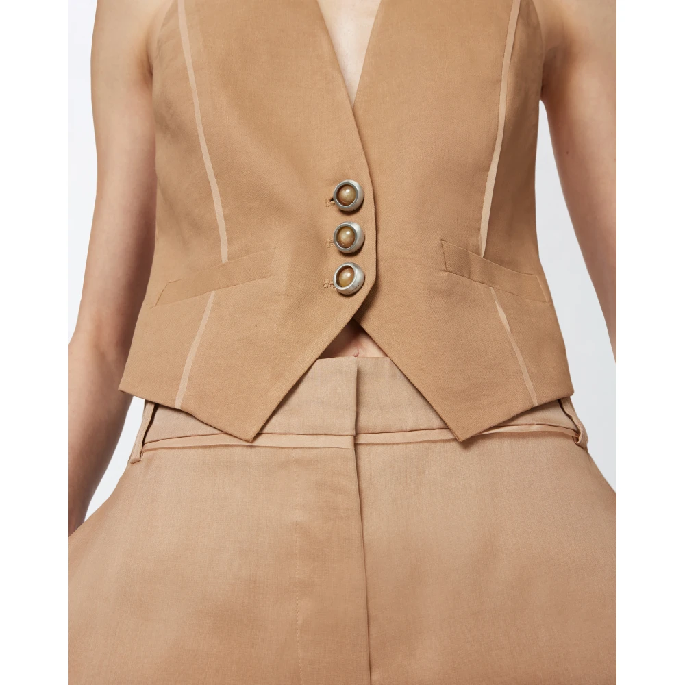 pinko Mouwloos Linnen Vest met Organza Details Brown Dames