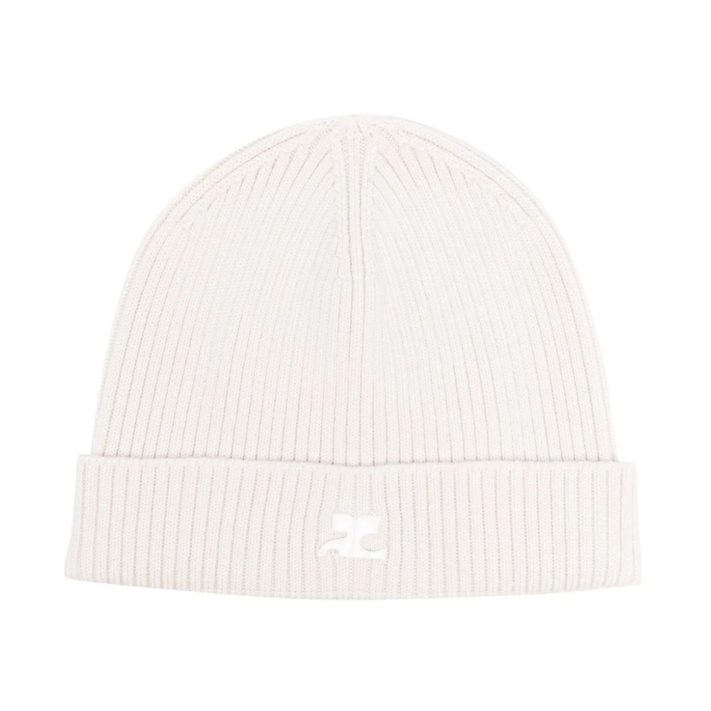 Courrèges Logo-Patch Ribgebreide Beanie Beige Dames