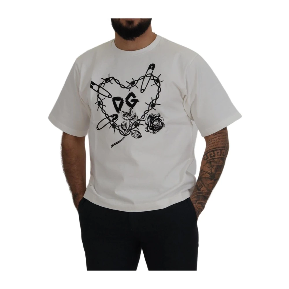Dolce & Gabbana Wit Hart-Rose T-shirt met Ronde Hals White Heren