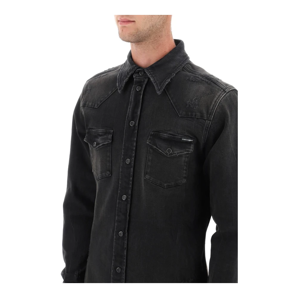 Dolce & Gabbana Verweerde Denim Western Overhemd Black Heren