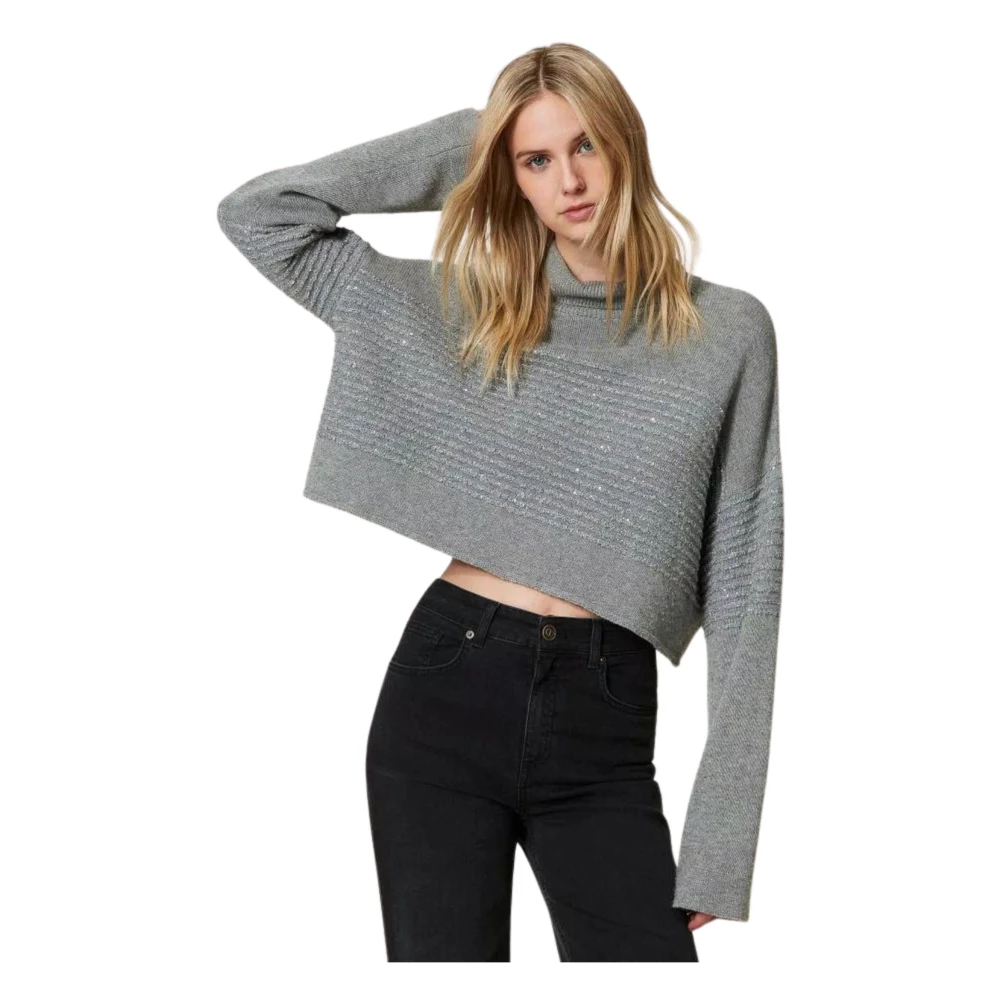 Twinset Grijze Paillet Sweater Dolcevita Lange Mouw Gray Dames