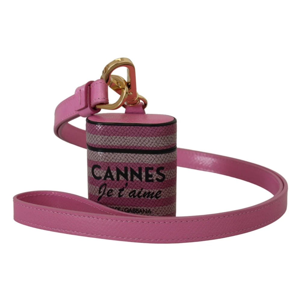 Dolce & Gabbana Roze Zwart Leren Band Goud Metalen Logo Airpods Hoesje Pink Dames