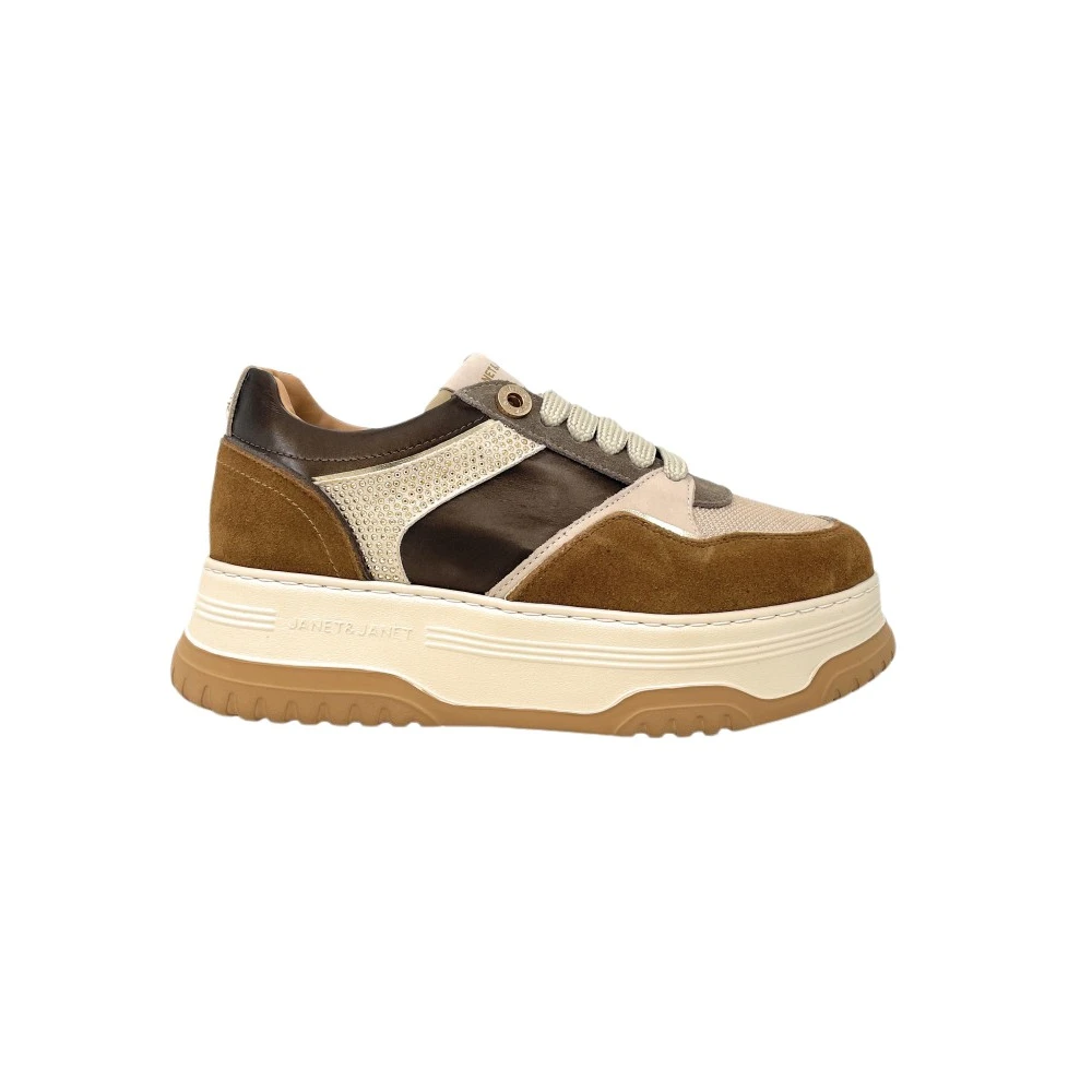 Janet & Janet Sneakers van suède en leer met strass Dames Schoenen Bruin