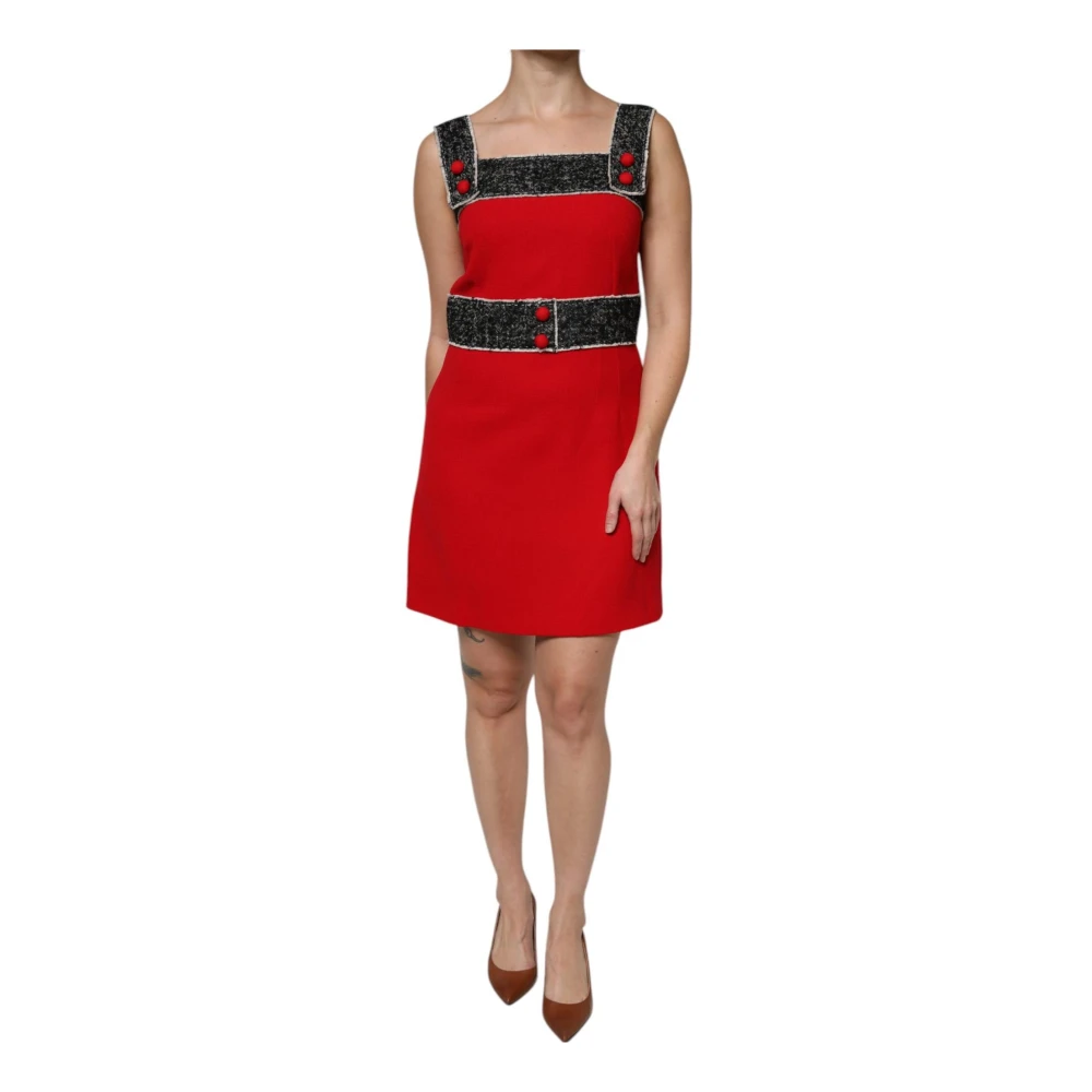 Dolce & Gabbana Rood Zwart Wol Flared Mini Jurk Red Dames